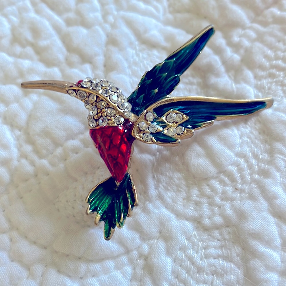 HUMMINGBIRD PIN / BROOCH Cloisonné and rhinestones